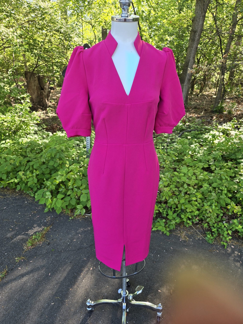 Fuchsia Puff-Sleeve Midi Dress with V-Notch - NWOT